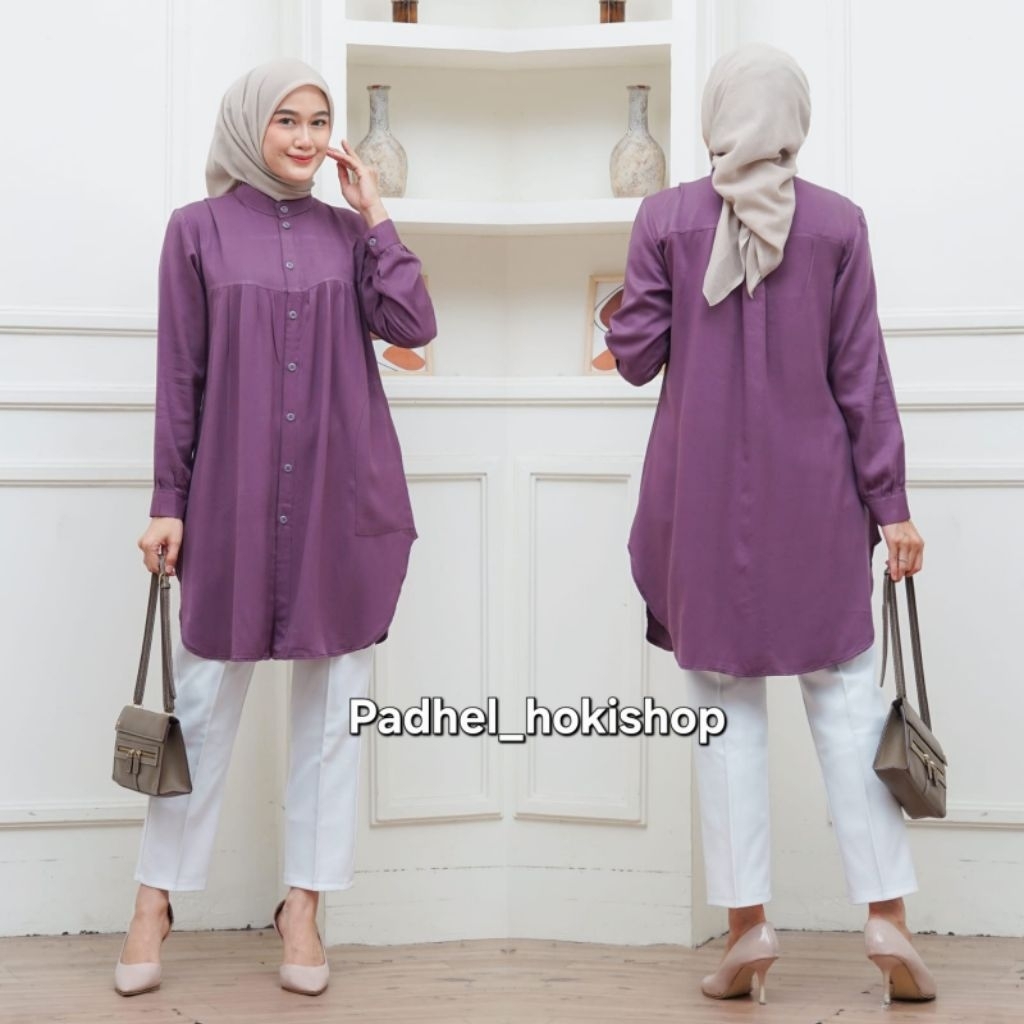 Tunik Rayon Twill Full Kancing Depan Atasan Wanita Lengan Panjang Busui Friendly