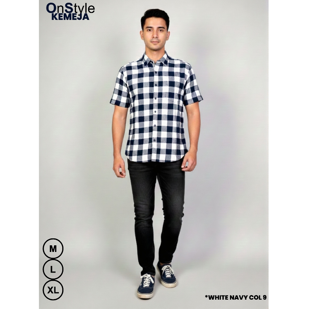 OnStyle Kemeja SS Motif Kotak Reguler Fit White Navy Col 9 - KMJ SS KOTAK WHITE NAVY 9