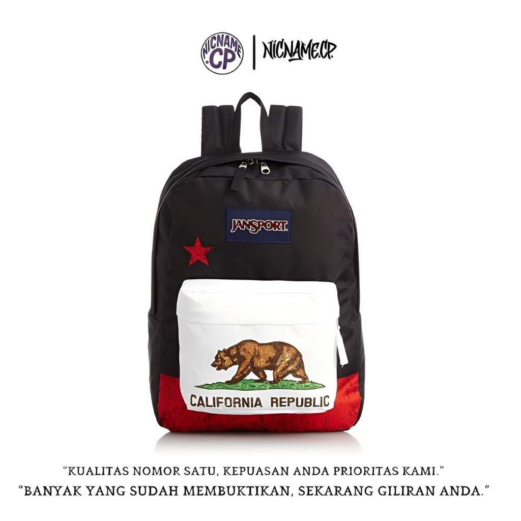 [TERLARIS] TAS RANSEL JANSPORT NEW CALIFORNIA REPUBLIC MOTIF BEAR ORIGINAL BLACK WHITE BACKPACK - JA