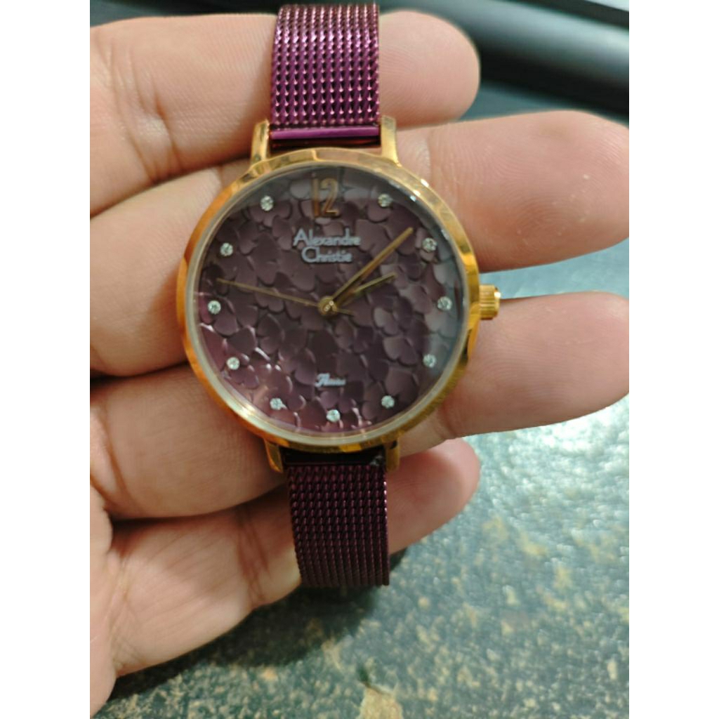 Jam Tangan Wanita Alexandre Cristie 2728 Rantai Pasir Maroon Rosegold Original