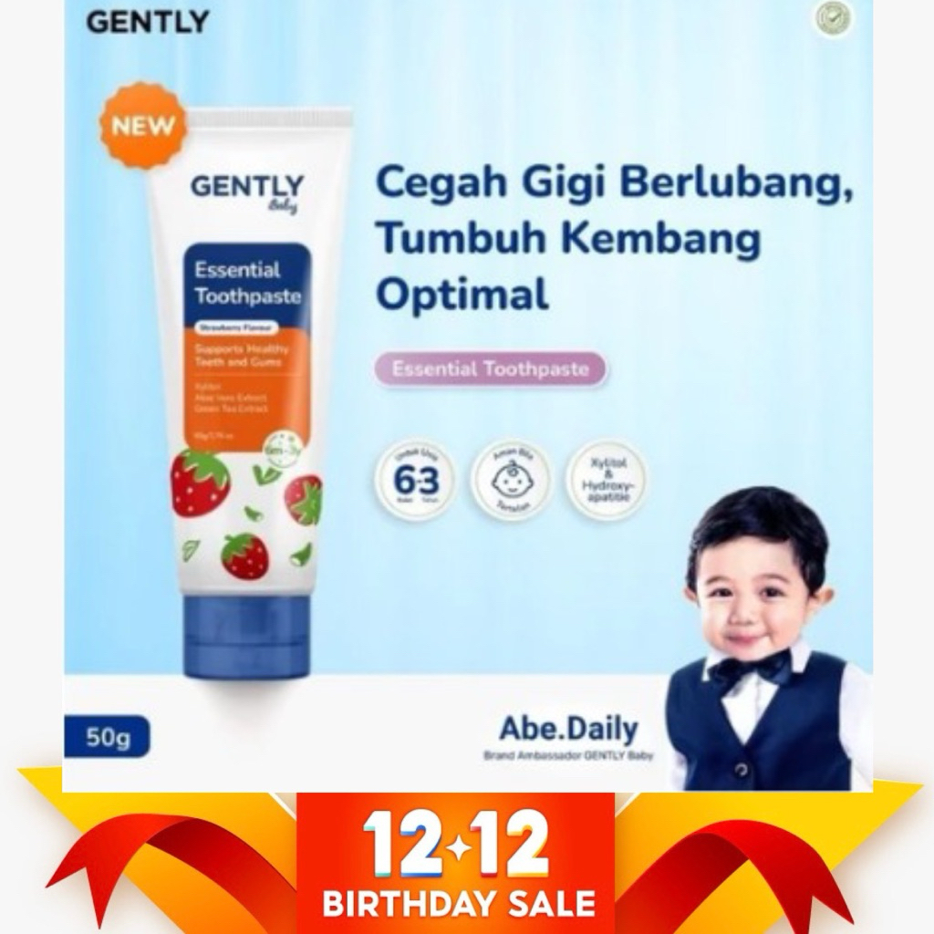 GENTLY Baby Essential Toothpaste - Pasta Gigi Bayi Anak 50 gr | Aman Tertelan | Rasa Buah Strawberry