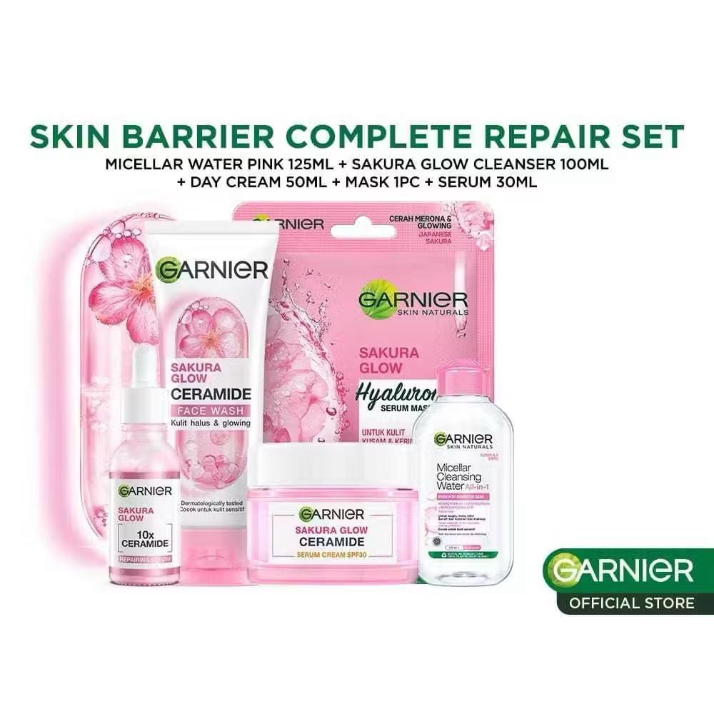 GARNIER Paket Skincare 1 Set Lengkap Sakura Glow Ceramide Skin Barrier Complete Set Hydrating