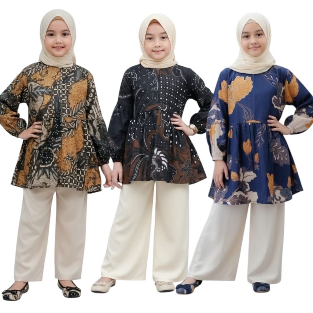 atasan batik anak perempuan lengan balon, blus batik anak perempuan terbaru, seragam TPQ anak peremp