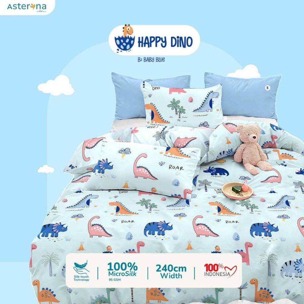 Sprei Karakter Anak Happy Dino Biru Sarung Bantal Guling Ukuran Lengkap Kain Karet