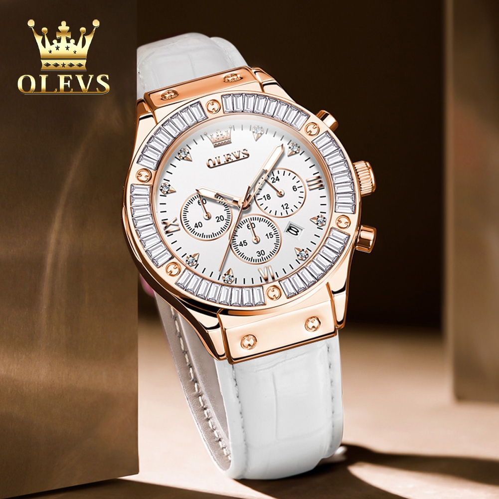 OLEVS Jam Tangan Wanita Original Anti Air Original Kulit Kalender Analog Terbaru 2025 Rose Gold