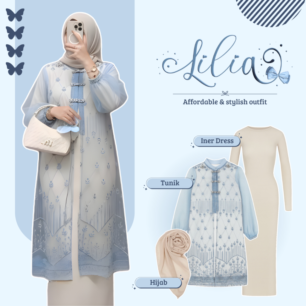 One Set Tunik Wanita Kekinian (TULIP OUTER TUNIK BROKAT ORINA LONG DRESS HIJAB BELLA SQUARE) Outfit