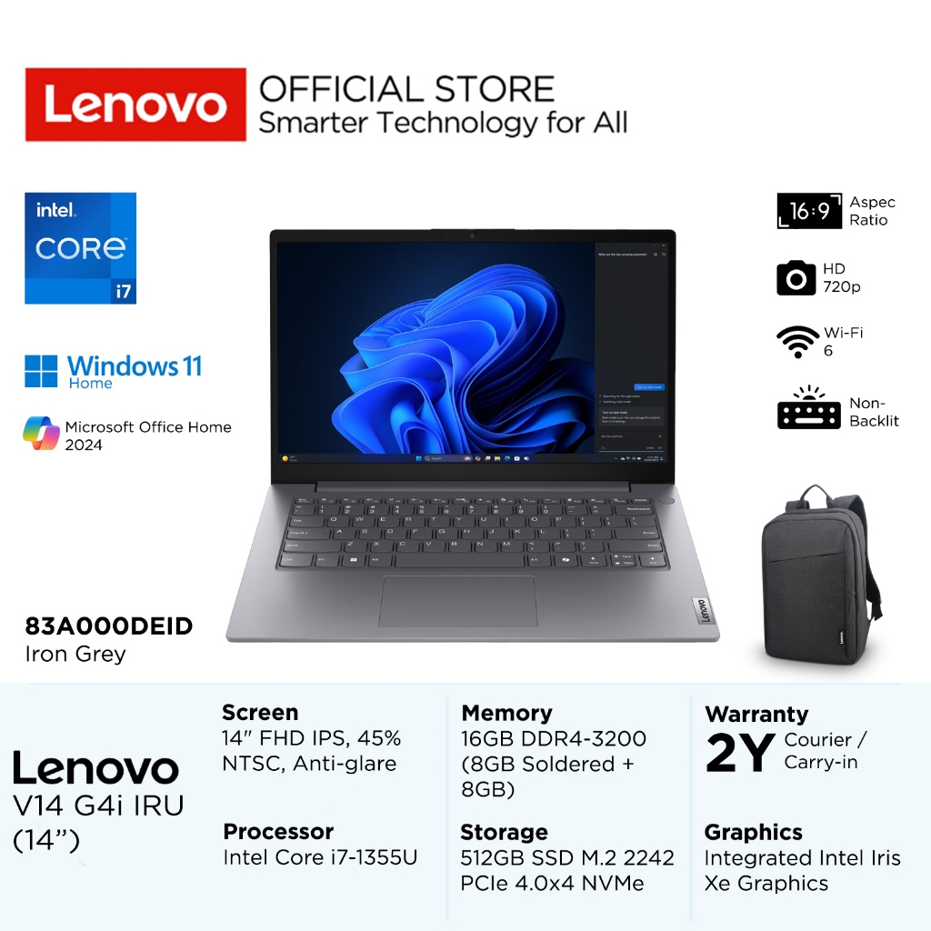 Lenovo V14 Gen 4 IRU DEID Intel Core i7 1355U Win11 16GB 512GB SSD 14" FHD IPS 300nits 60Hz Integrat