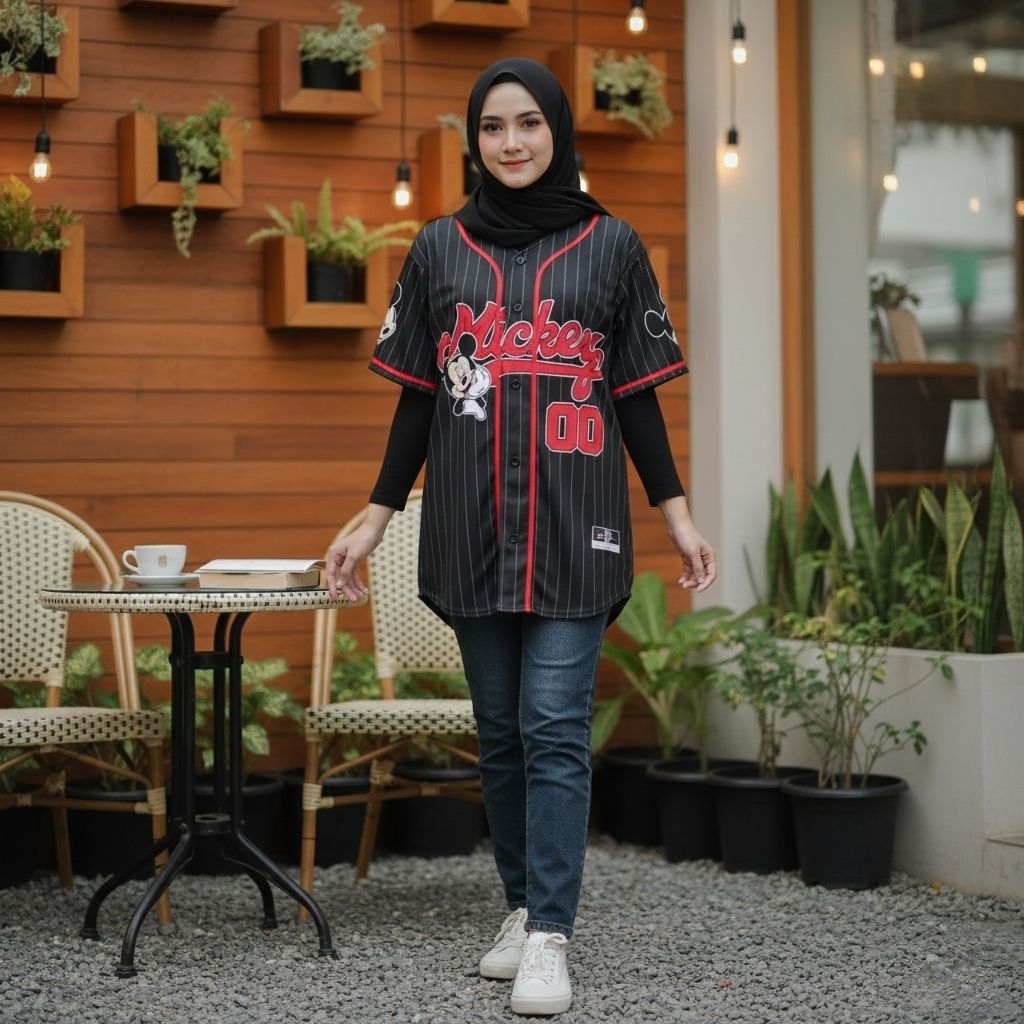 Baju Jersey Wanita Oversize Baseball ( Kancing Gambar ) / Jersey Vintage Oversize Wanita / Jersey Ce