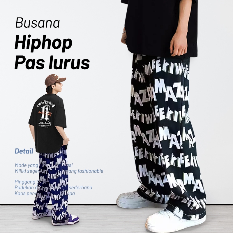 Celana panjang pria oversize pria celana oversize pria 2025 new cetak hip hop Celana Kasual  Celana 
