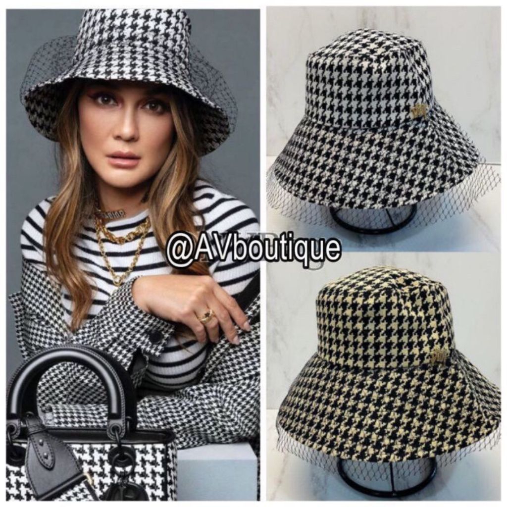 Topi Bucket Dior Jaring Feil Houndstooth Luna Maya Fashion Wanita Import Premium