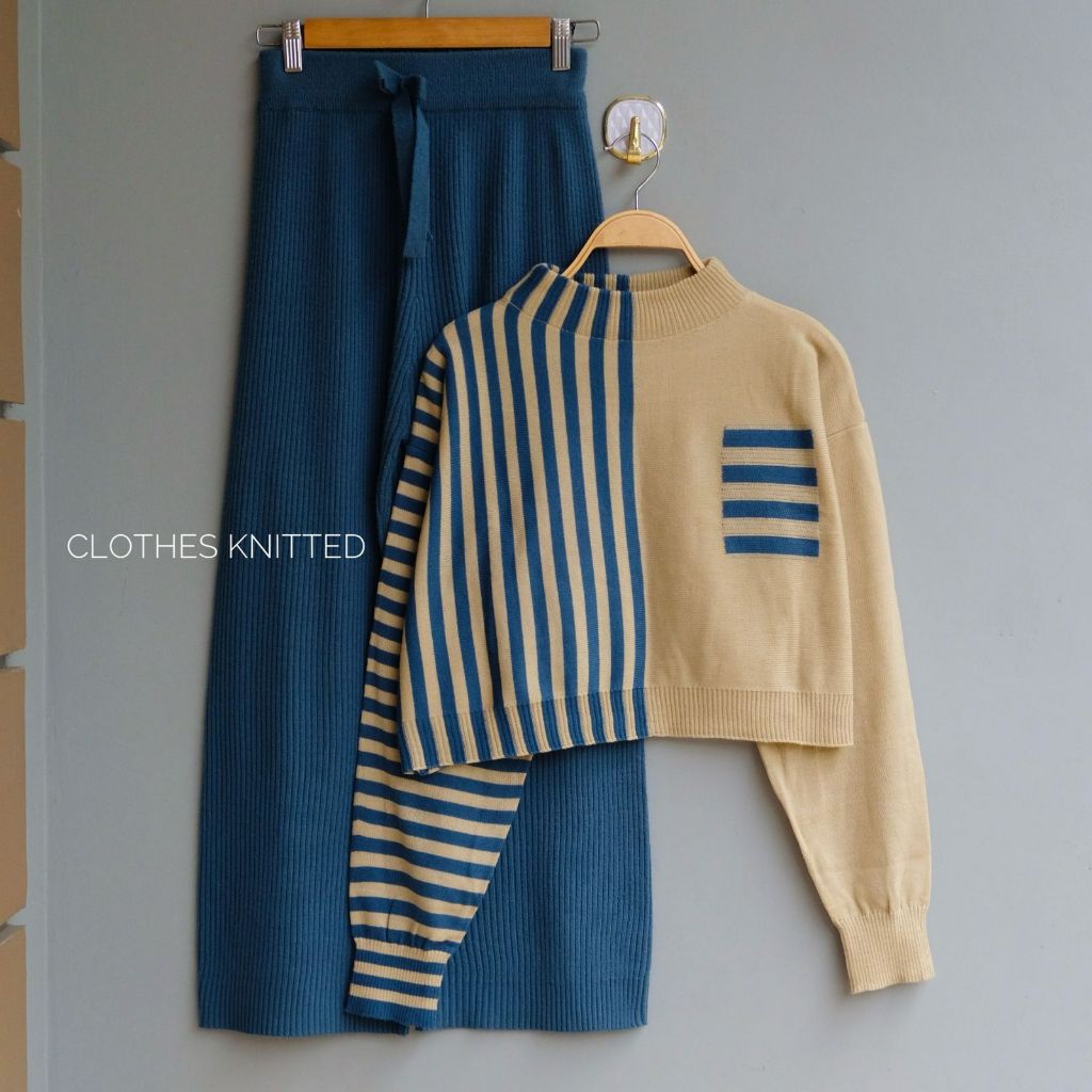 Oneset Sweater Rajut Setelan Celana Kulot Rajut Wanita