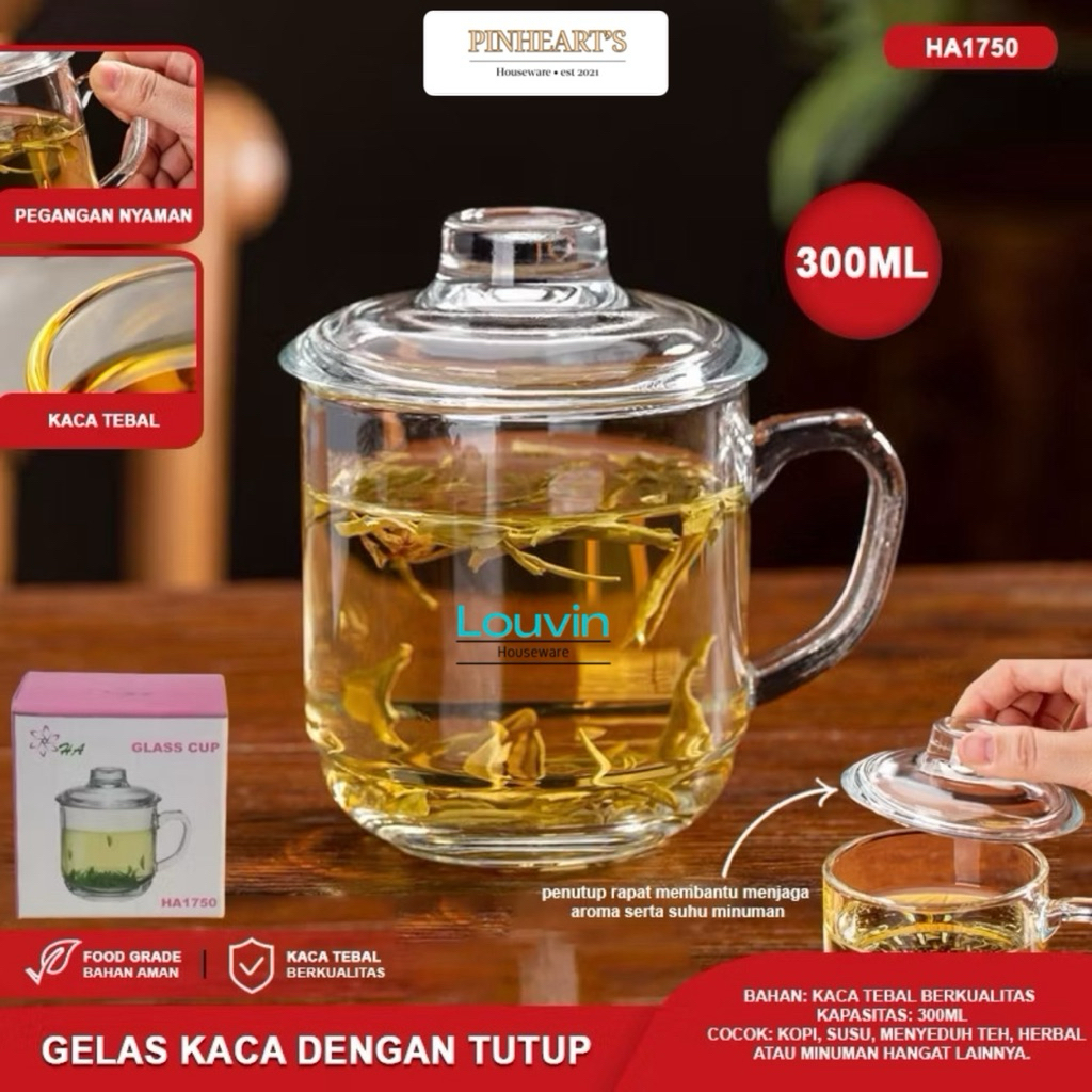 LOUVIN GELAS KACA MUG CUP KOPI TEH + TUTUP KACA / GELAS CANGKIR TEH SEDUH REMPAH GELAS KACA TEBAL