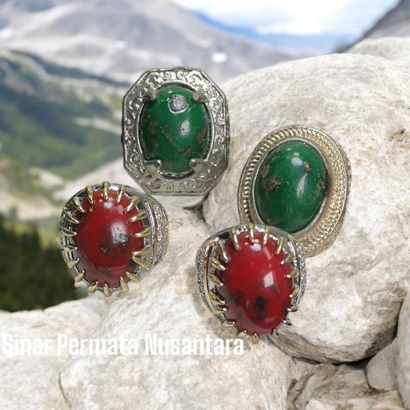Cincin Batu akik pirus serat emas Size kantoran merah-hijau | CBS-564