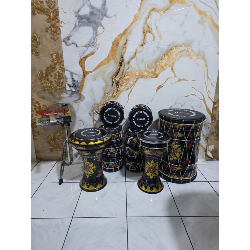 Satu Set Alat Musik Marawis Batik Sablon 1Play Kulit Hitam Full Set