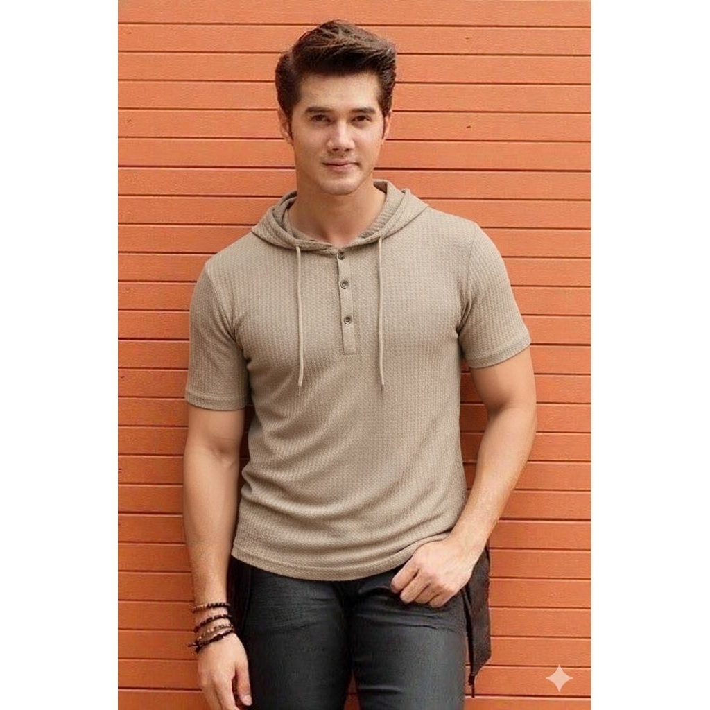 kaos hoodie lengan pendek | Hoodie Henley lengan pendek unisex bahan waffle | kaos kupluk kaos distr