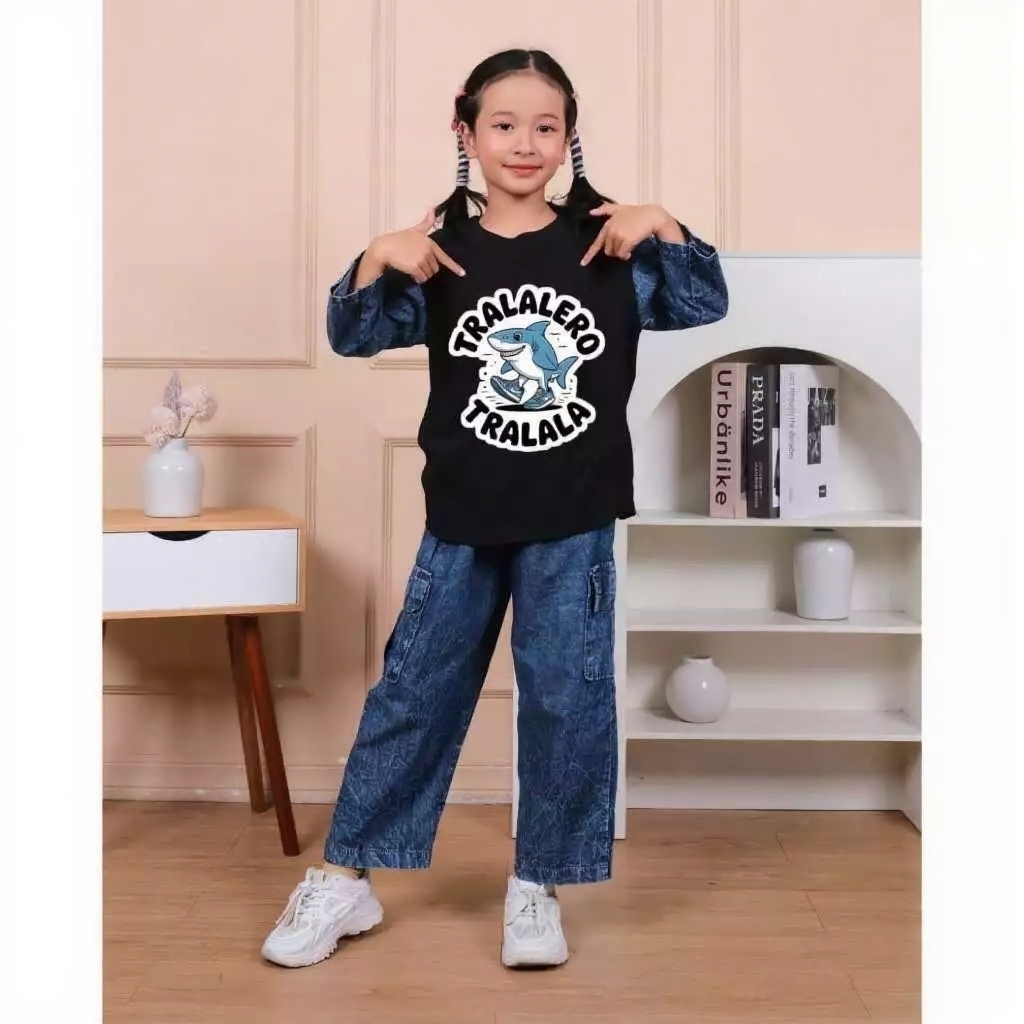Gratis Ongkir Setelan Baju anak perempuan Gambar Tralalero Celana Levis Cargo 3 tahun - 14 tahun