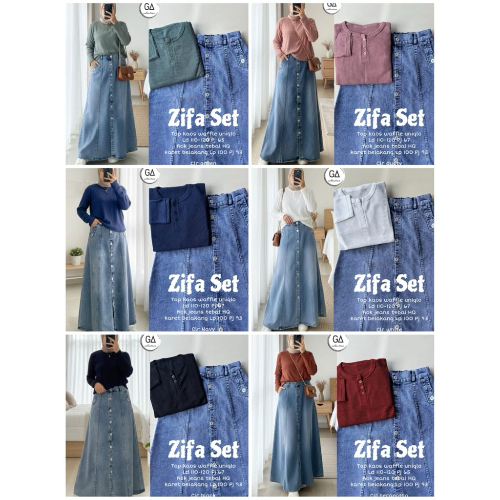 Zifa Set Top Kaos Waffle Uniqlo Mix Rok Jeans