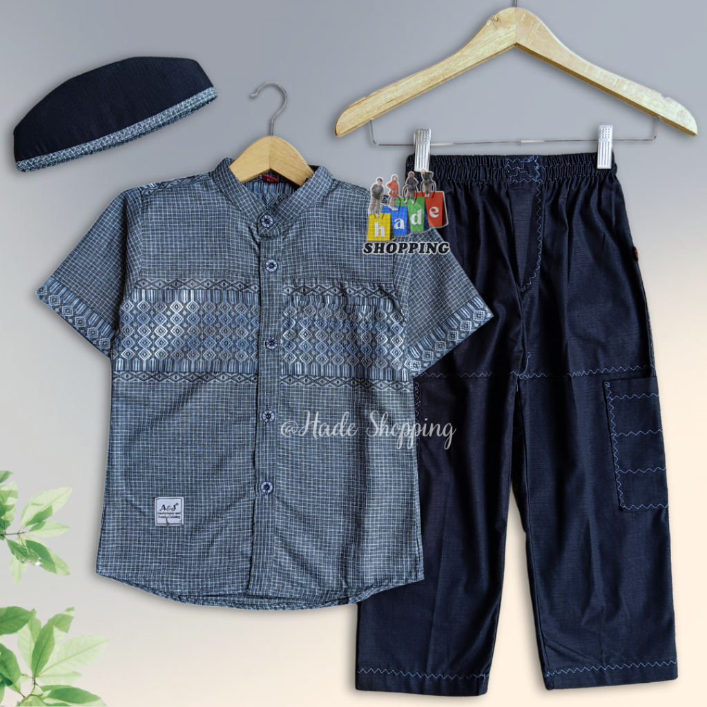 KOKO ANAK EL RASYID LENGAN PENDEK BY A&J USIA 3 - 13 TH Setelan Koko Plus Peci Bahan Katun Songket