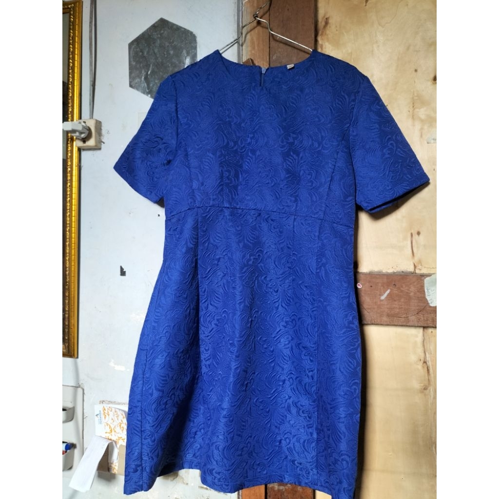 dress emboss biru elektrik mewah premium tebal elegant pesta party kondangan gereja natal top atasan