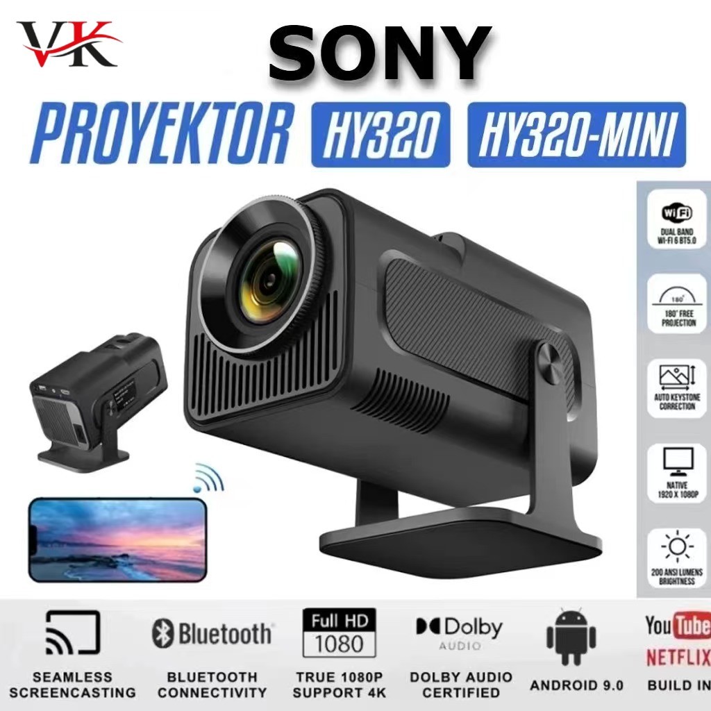 Proyektor HY320 4K UHD Android 11.0 1080P Proyektor Mini Portabel Penyesuaian Rotasi Otomatis 180°