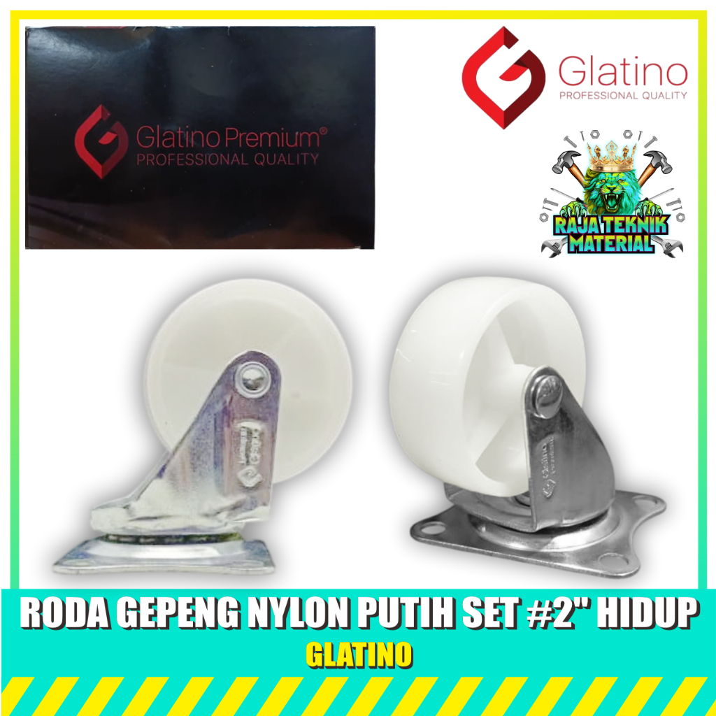 [4 PCS] GLATINO Roda Gepeng Nylon Putih 2" Hidup /  Roda Hidup Gerobak Troli Nylon Putih 2 Inch