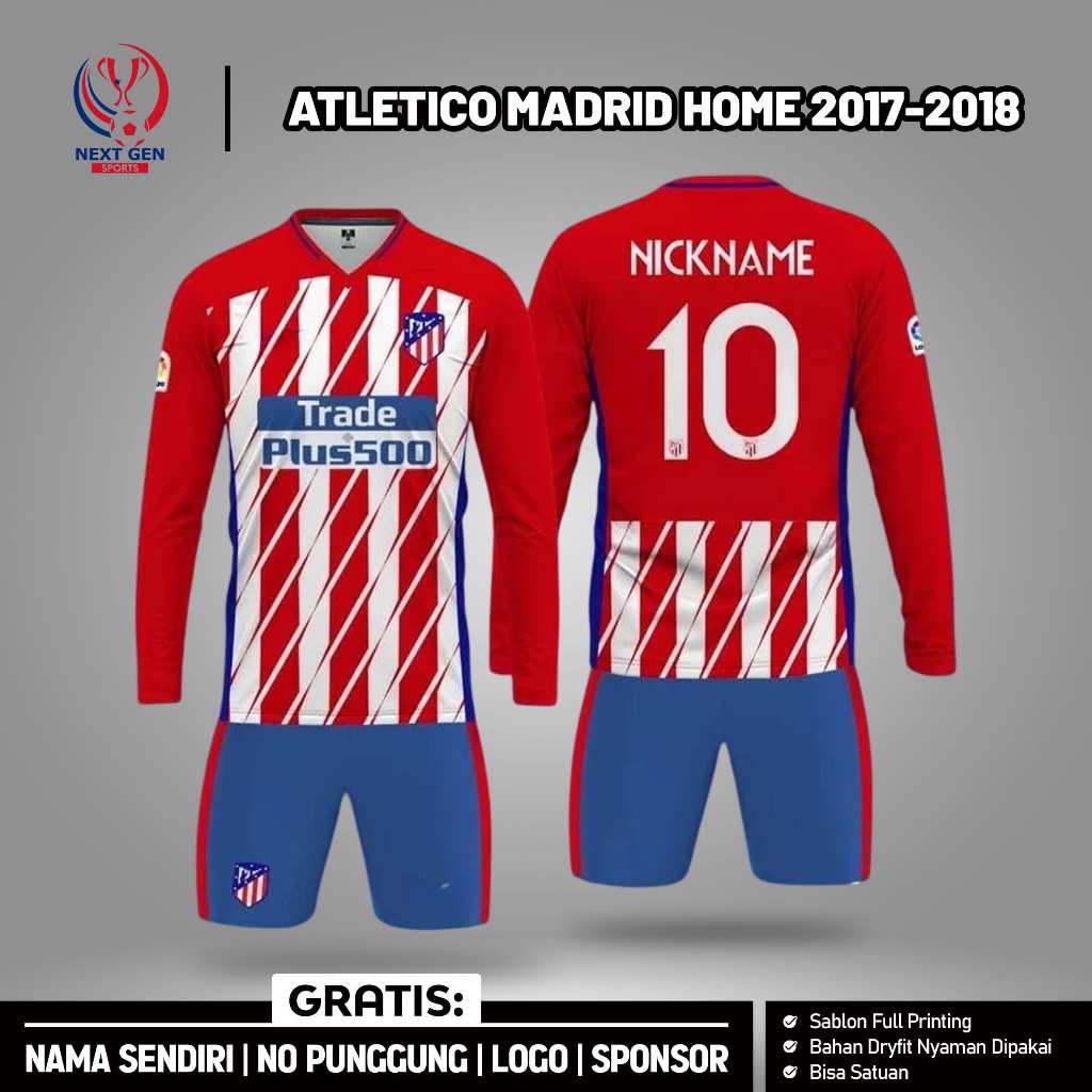 Bola Jersey Panjang Atletico Madrid Home 2017 - 2018 [Gratis Nama dan Nomor Pungung]