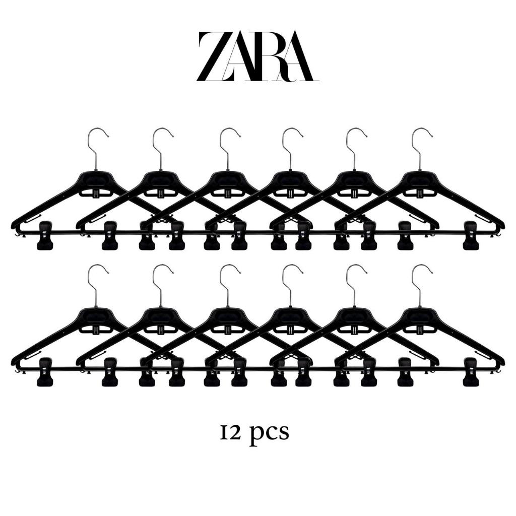 Hanger Baju Jepit Ex Zara 40 cm  | 1 Lusin (12 pcs)  | Hanger Hitam | Gantungan Rok & Celana Bawahan