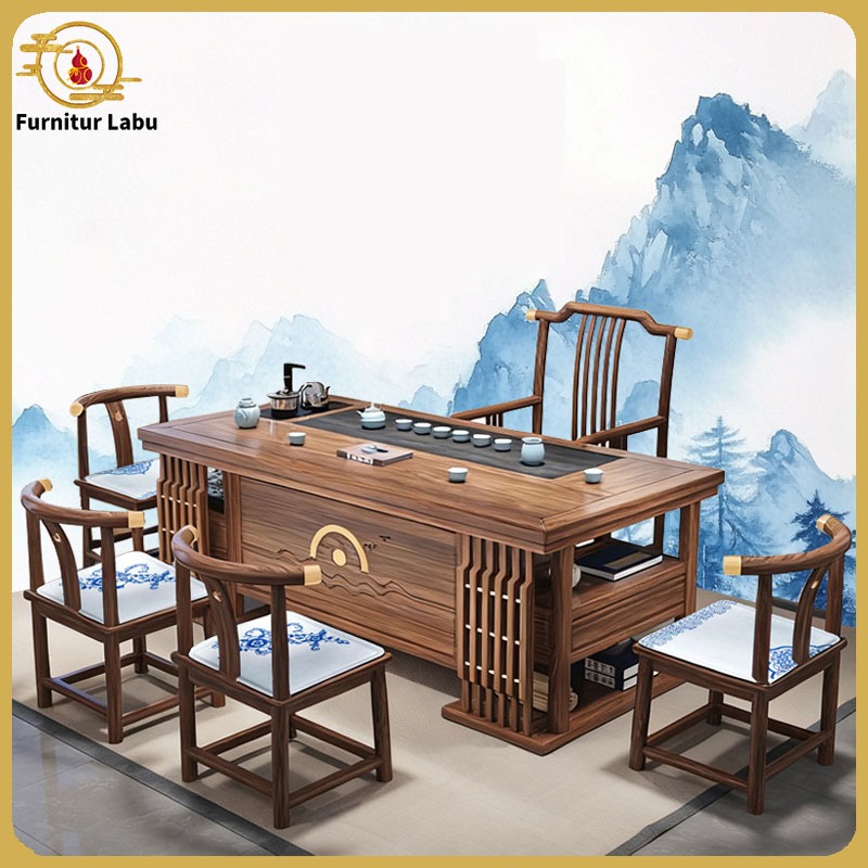 Meja Teh Cina Elegan Dengan 5 Kursi Kayu Solid/Meja kopi sederhana/meja kopi modern /Meja Teh Cina/M