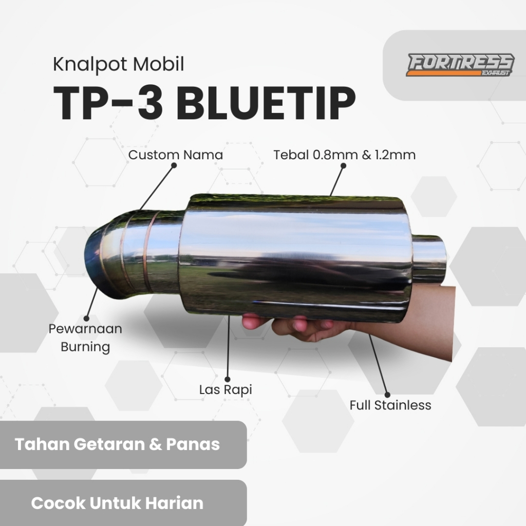 Knalpot Mobil Racing Fortress TP-3 BlueTip Full Stainless - Bass Bulat (Jazz Brio Avanza Civic Dll)