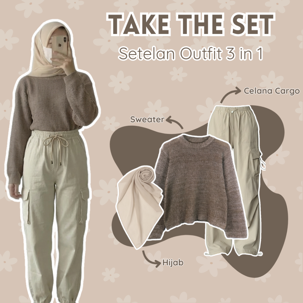 one set kekinian ( Sweater Twist, Celana Cargo, Hijab ) ootd wanita hijab, baju setelan wanita