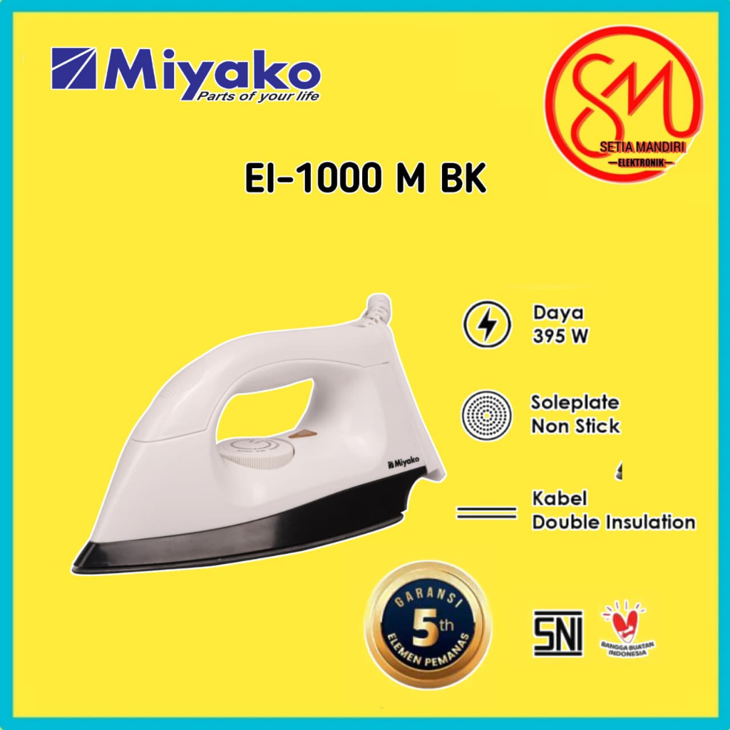 Setrika Miyako Non Stick 395W Black Anti lengket EI2000B / EI1000MBK - MBL - MPK