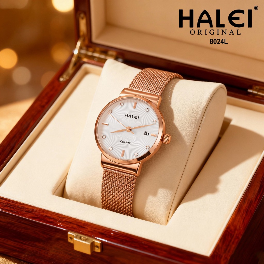HALEI IND 8024 L - Bergaransi Jam Tangan Wanita Halei Original Fashion Elegan Rantai Mesh Stainless 