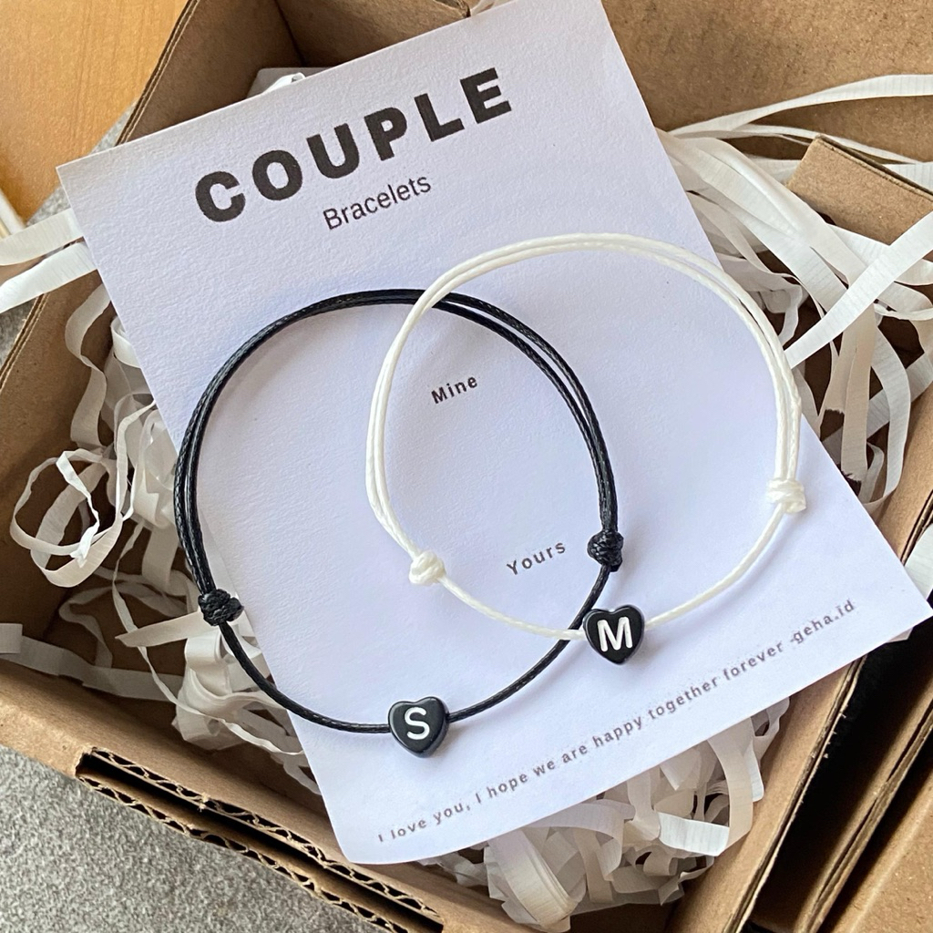 ( FREE BOX) Gelang Couple Custom Inisial bentuk love hitam| Free Box | Gelang couple inisial huruf |