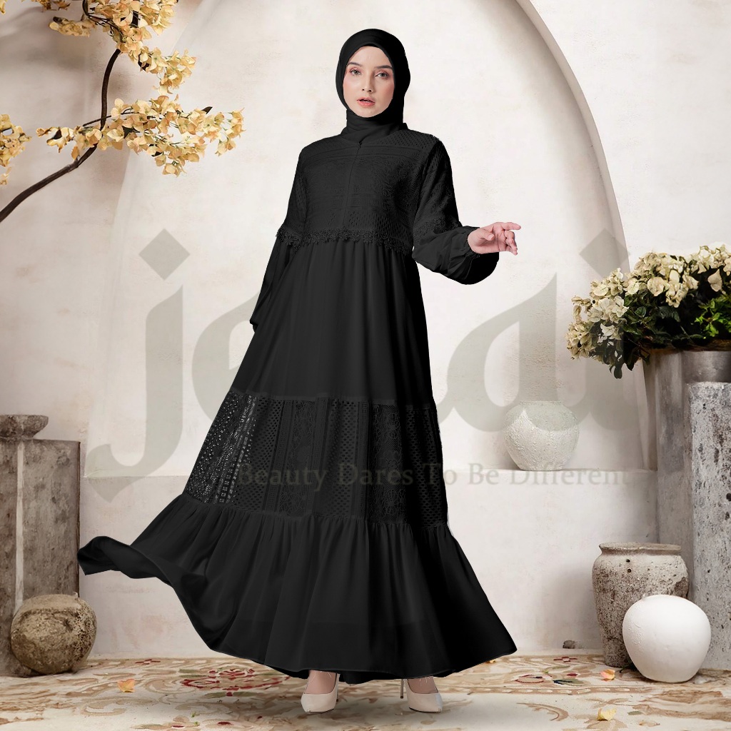 JENAI Gamis Brokat Hitam Kekinian / Dress mewah Simpel Busui Friendly & Whudhu Friendly