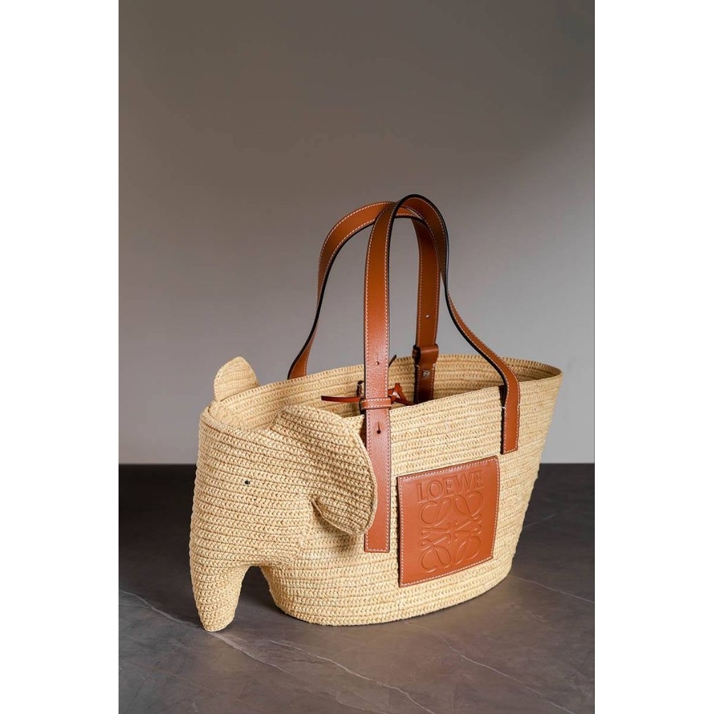 LOEWE Elephant Basket Top Handle Bag in Natural/Tan