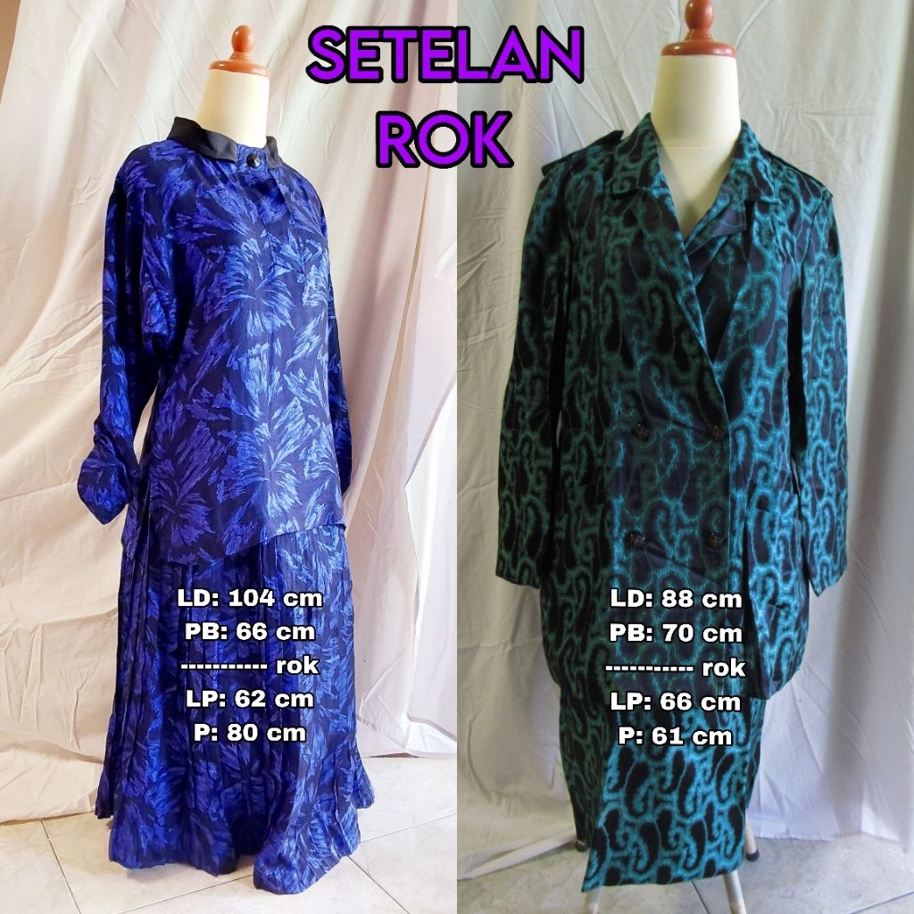 Setelan Rok Ungu Tua dan Hijau Motif