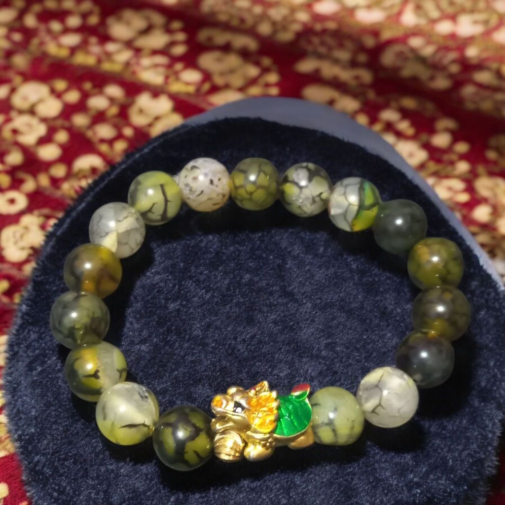 Gelang Pria Naga Hijau Emas batu agate sisik naga uk 10 mm