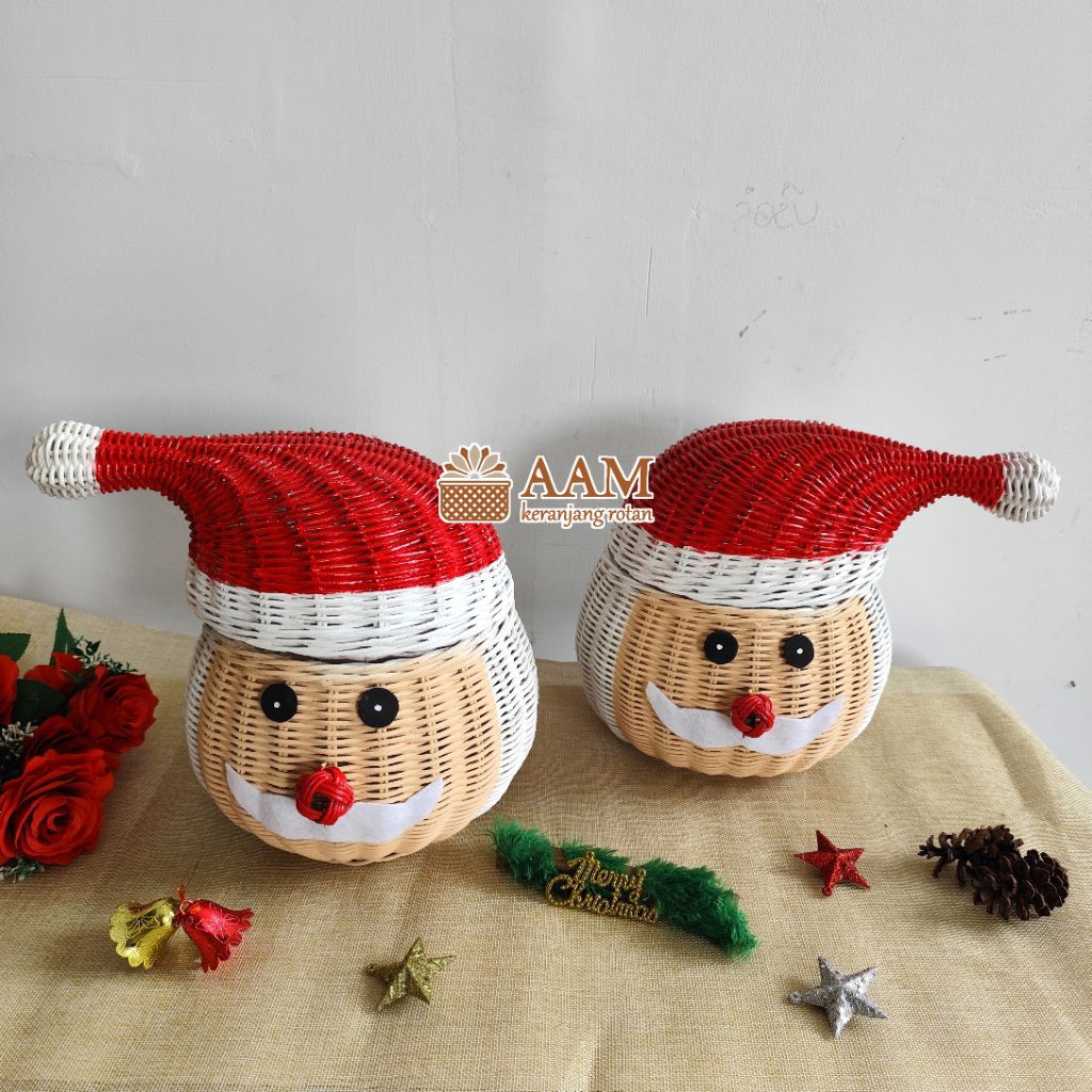 Keranjang Rotan Karakter Santa Topi Miring - Santa Rattan Christmas Natal