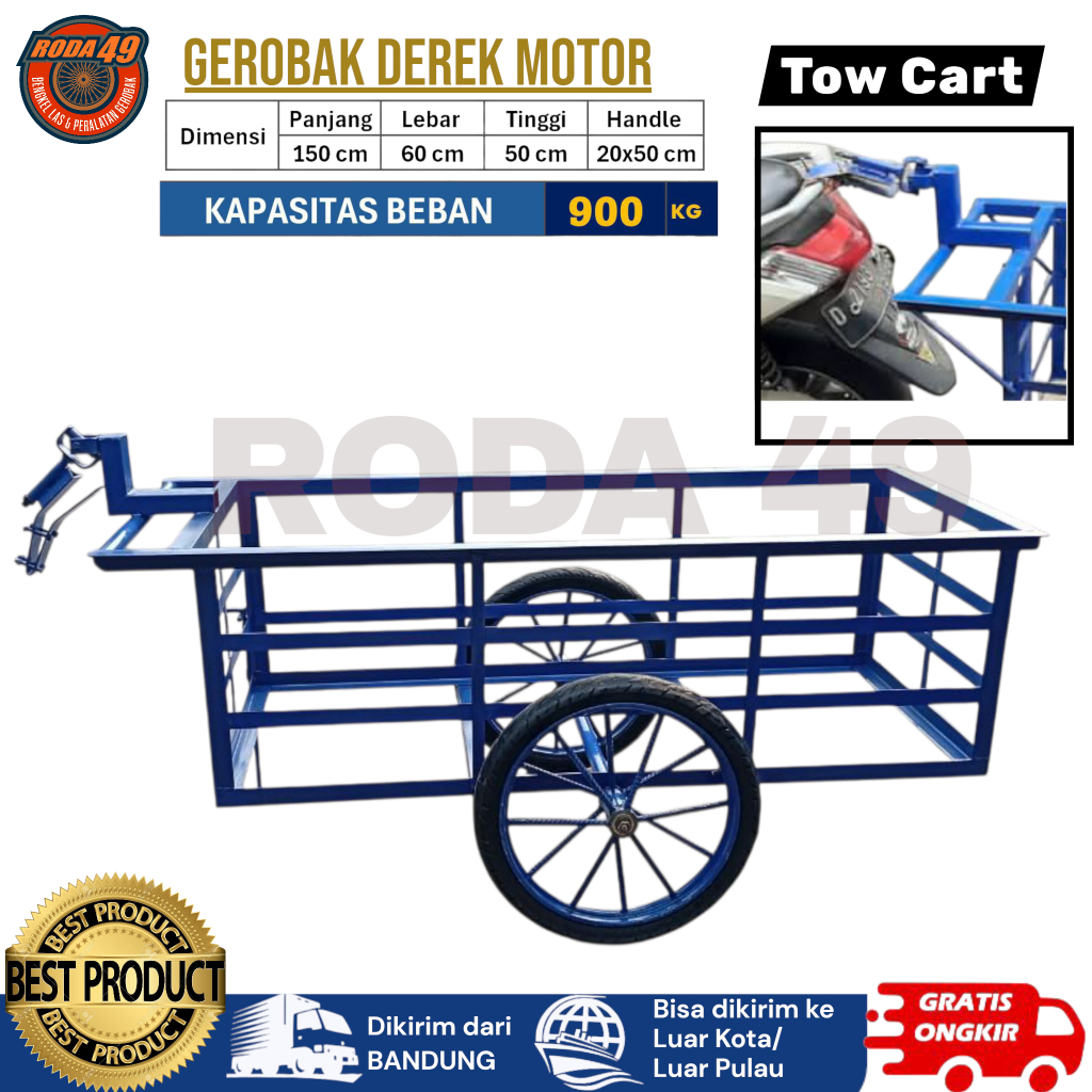 TOW CART / Gerobak derek motor / Gerobak multifungsi kapasitas 900kg ukuran 150x60x50cm