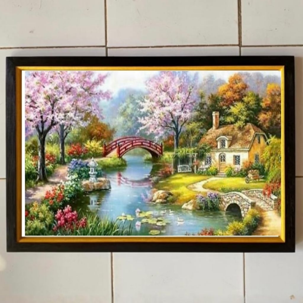 Hiasan dinding lukisan Cetak gambar taman bunga plus bingkai ukuran 100cmx50cm