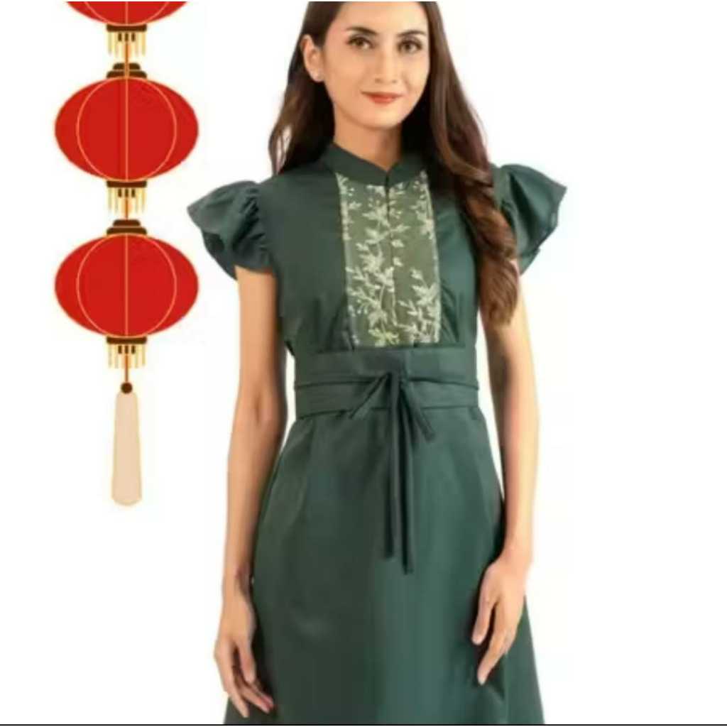 DRESS CHEONGSAM IMLEK WANITA GAUN SINCIA GREEN LACE FORTUNE TAHUN BARU CINA