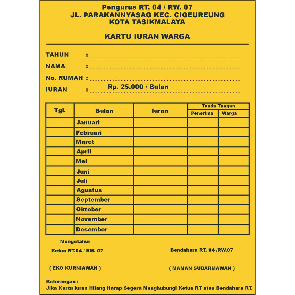 KARTU IURAN BULANAN RT/RW/PAM/ORGANISASI CUSTOM BULANAN