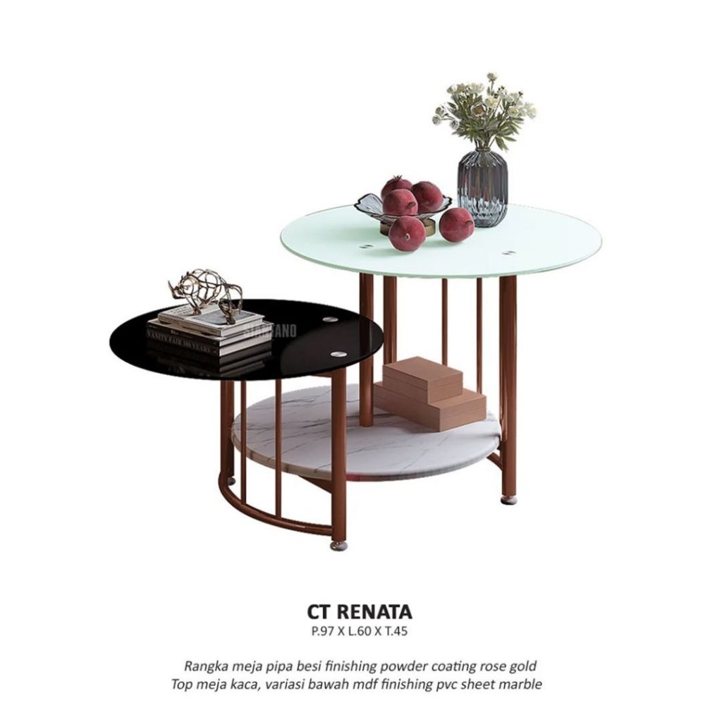 CT RENATA - Meja Tamu Kaca Coffee Table dengan Rangka Pipa Besi Finishing Powder Coating Rose Gold &
