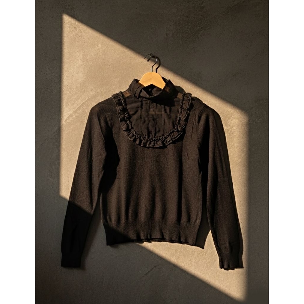 Sweater Rajut Kerah Brokat Renda Frill Lengan Panjang Gothic Korean Vintage Black
