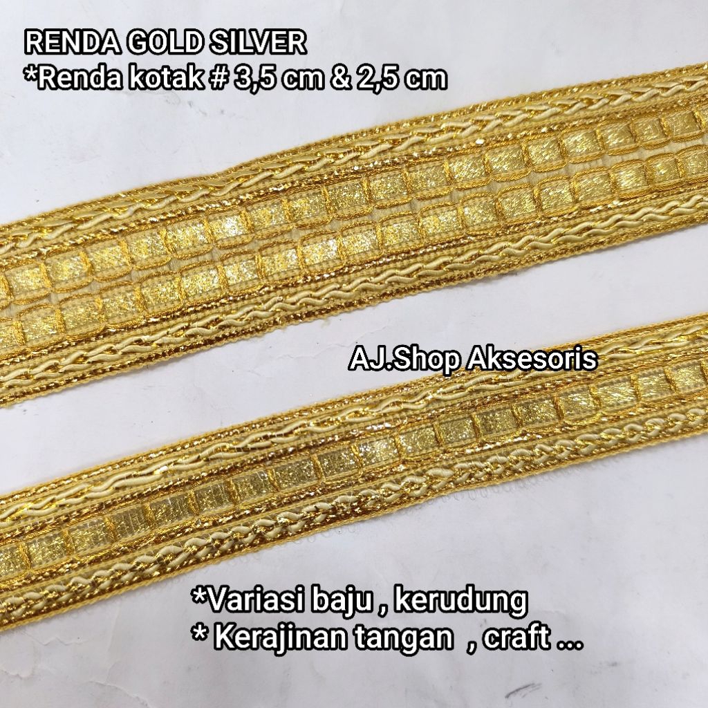 renda india emas perak / renda bordir motif kotak   lebar 2,5 CM / 3,5 CM  isi per roll