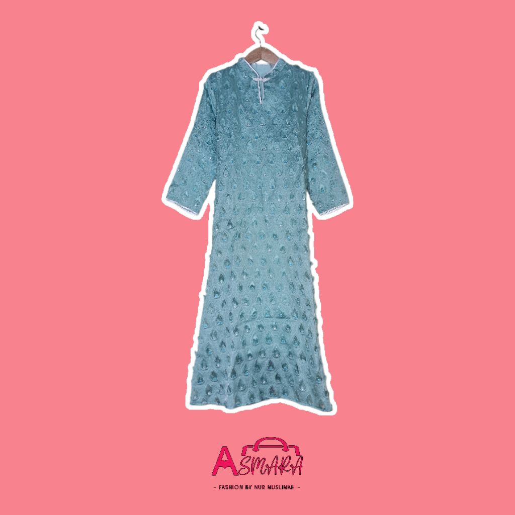 Long Dress Brokat Biru Mint Elegant - Lengan Panjang, Motif Emboss Premium | Party Dress | Gaun Pest