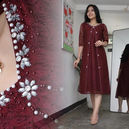 Drees Gabriela Mix Payet Brokat MIDI Wanita / Dres Kondangan Modern Baju Wanita / Dres Seragam Natal