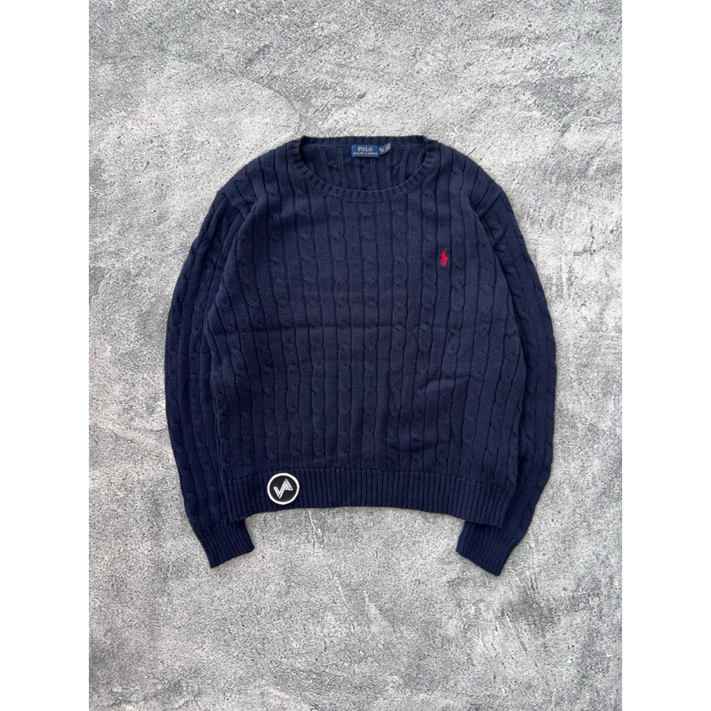 Sweater Polo Ralph Lauren Cewek Cableknit Rajut Full Kepang Navy