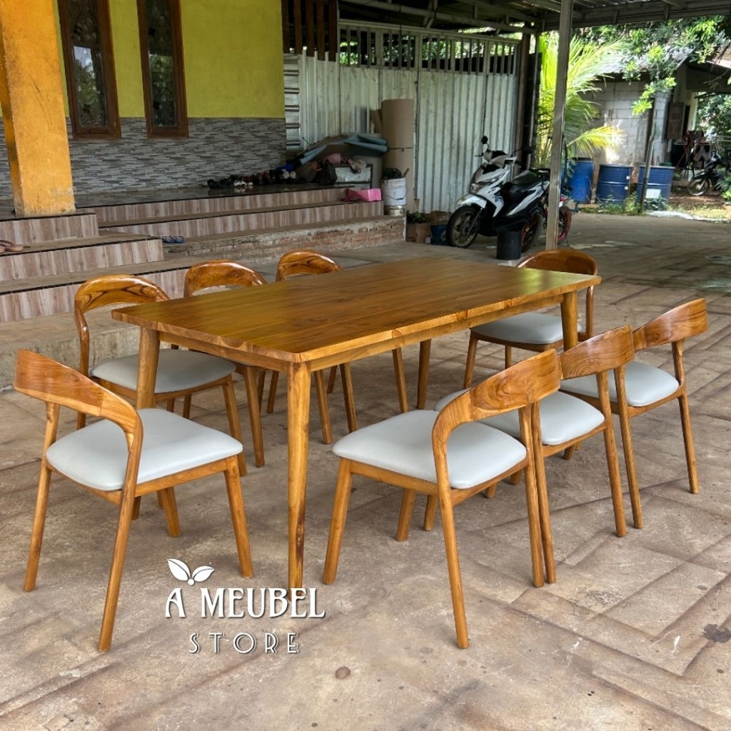 DINNING SET MINIMALIS TOP TABLE MEJA MAKAN (180x80cm) LEBAR 3cm KOMBINASI 8 KURSI LENGKUNG SENDOK MO