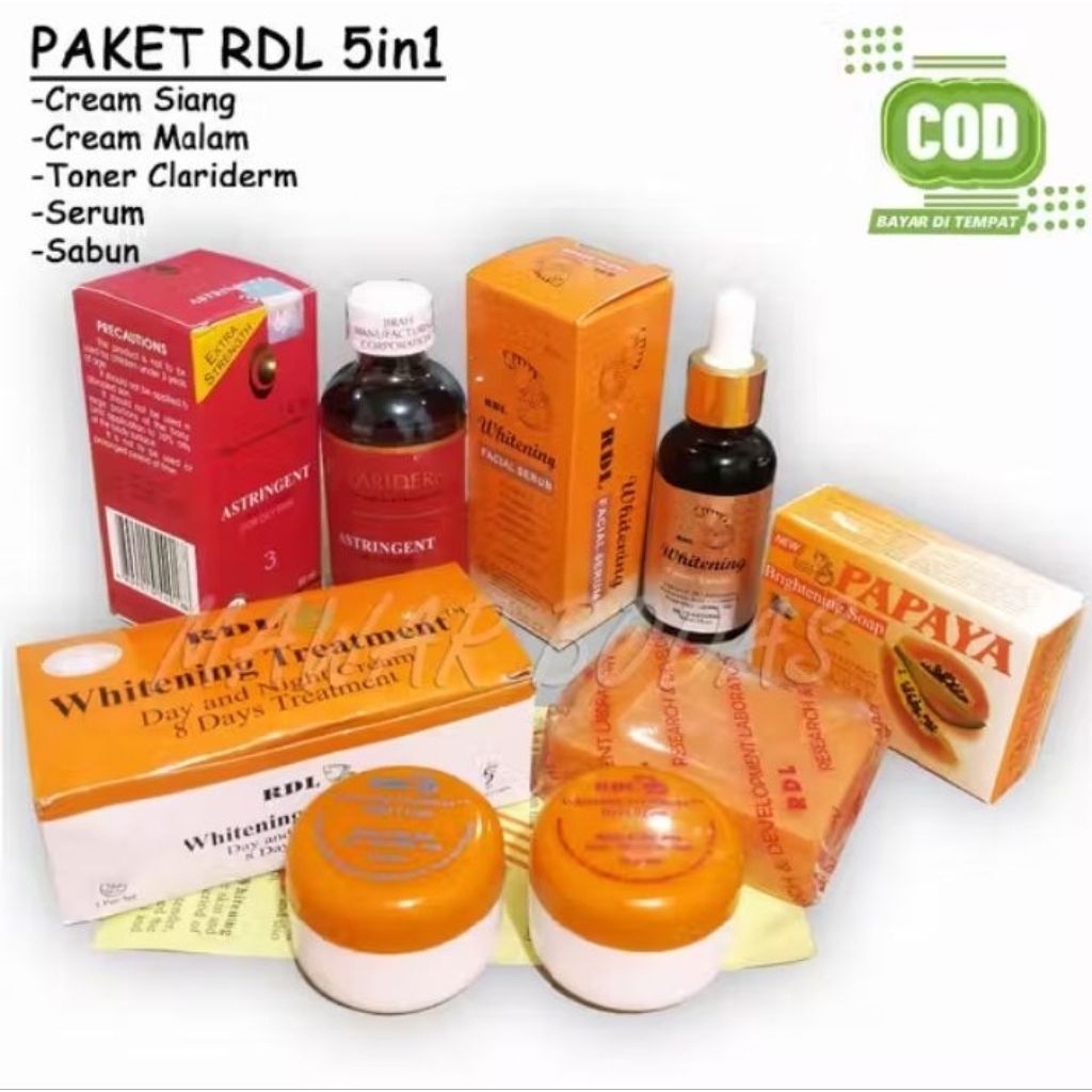 Paket Cream RDL 5IN1 Original - Cream Siang dan Malam Sabun Papaya, Serum, Toner Clariderm Astringen